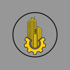 A logo depicting skyscrapers within a gear, symbolizing urban engineering and construction.