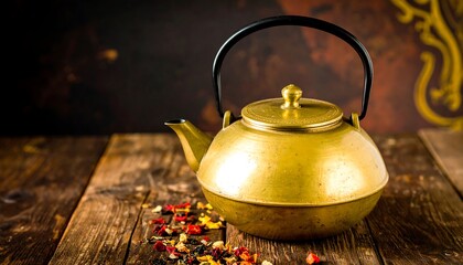 A golden brass teapot sits on a rustic wooden table, surrounded by colorful loose leaf tea.