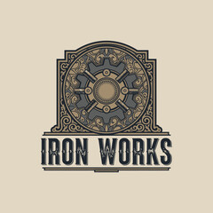 A vintage-style logo featuring intricate gears and ornate details. Industrial or mechanical business.