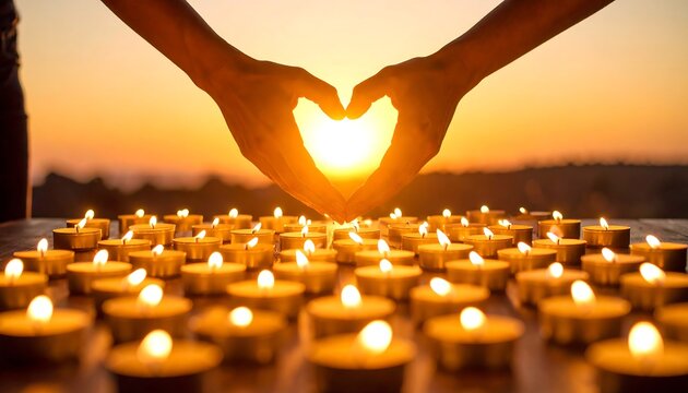 Hands forming heart shape around sun set, surrounded by candles