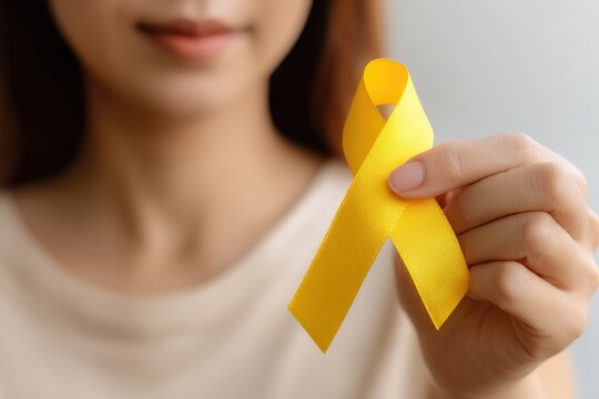 Woman holding a yellow ribbon, demonstrating support for suicide prevention, bone cancer awareness, and other causes represented by the color yellow