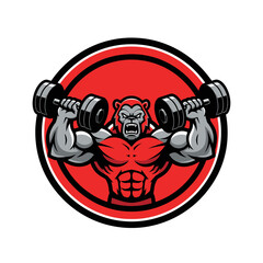 Muscular gorilla logo design lifting heavy dumbbells.  animal mascot character vector illustration