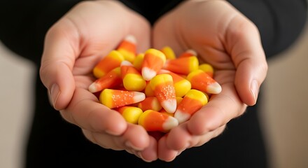 Close-up of hands holding colorful candy corn candies in a small bowl