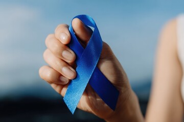Close up of hand holding blue ribbon, representing colon cancer, chronic fatigue syndrome and prostate cancer awareness