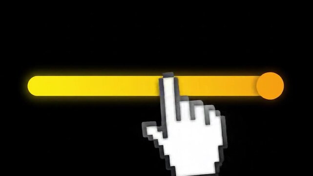 Pixelated hand clicking on a yellow volume slider against a black background
