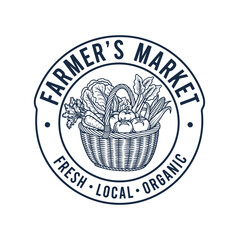 Vegetable Basket Logo Design Vector Illustration with Black and White Sketch in Circle Emblem