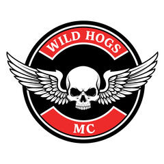 Fototapeta premium Skull Character Logo Design Vector Illustration with Wings in Black and Red Circle Emblem