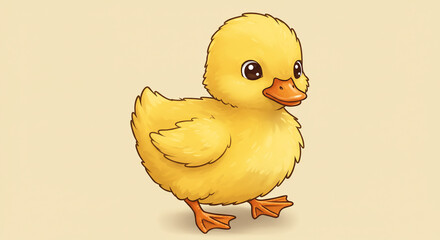 A cartoon illustration of a fluffy yellow duckling standing on a beige background with cute eyes