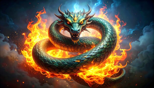 A magnificent, fire-breathing dragon serpent coils in a dramatic display of vibrant flames against a dark, moody backdrop.