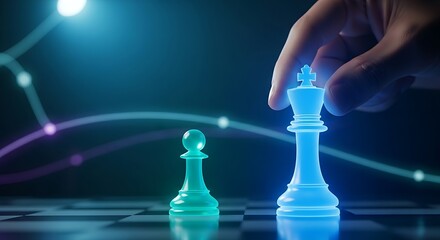 Competitive advantage concept. A strategist's hand moves a holographic king chess piece into a checkmate position against a pawn, symbolizing market dominance.