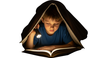 Boy Reading Book With Flashlight Under Blanket