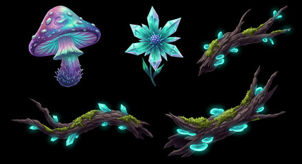 Illustration of a mushroom, crystal flower, and mossy branches on a black background design elements
