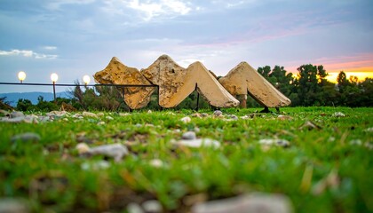 Three light beige stone structures, positioned in a grassy field, are highlighted by the soft evening light.
