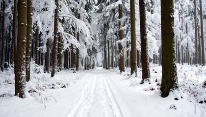 Fototapeta premium Snowy Path Through the Forest: A Winter Wonderland Landscape Scene with Trees