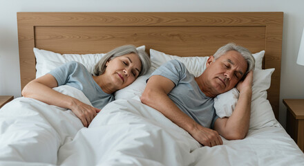 Elderly couple sleeping peacefully in bed with white sheets and pillows in a bright bedroom scene