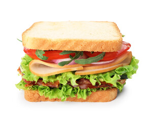 Tasty sandwich with ham, bacon and vegetables isolated on white