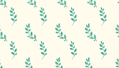 A repeating pattern of delicate, teal-green sprigs with small leaves, displayed on a pale cream background.
