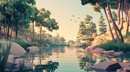 Sunlit Forest Lake with Trees and Natural Beauty