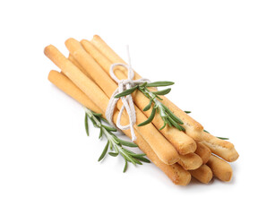 Delicious grissini sticks with rosemary isolated on white