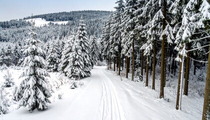 Obraz premium Snowy Forest Path: A Serene Winter Landscape with Tracks in the Snow