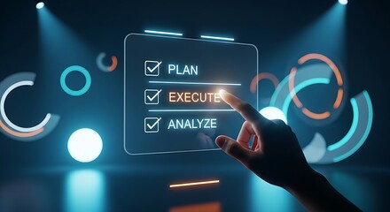 Fototapeta premium Action plan and execution concept. A holographic checklist shows three steps: 