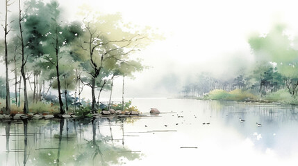 Sunlit Forest Lake with Trees and Natural Beauty