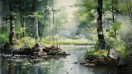 Sunlit Forest Lake with Trees and Natural Beauty