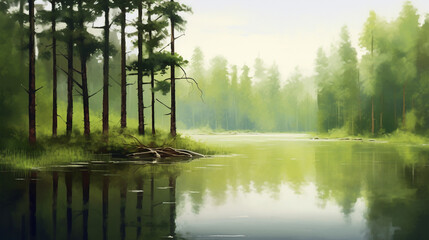 Sunlit Forest Lake with Trees and Natural Beauty