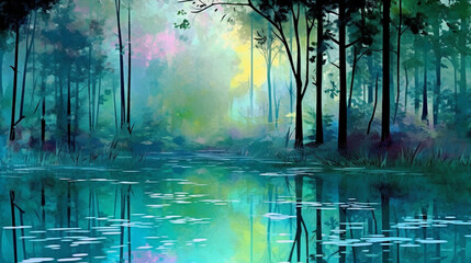 Sunlit Forest Lake with Trees and Natural Beauty