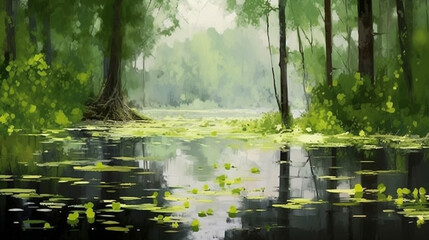 Sunlit Forest Lake with Trees and Natural Beauty