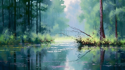 Sunlit Forest Lake with Trees and Natural Beauty