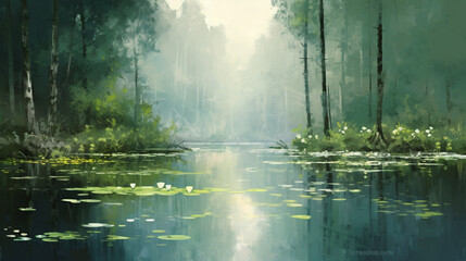 Sunlit Forest Lake with Trees and Natural Beauty