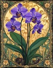 Decorative art nouveau illustration of purple orchids in an ornate decorative golden floral background