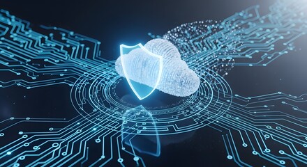 Cloud security shield protecting digital data on a futuristic network