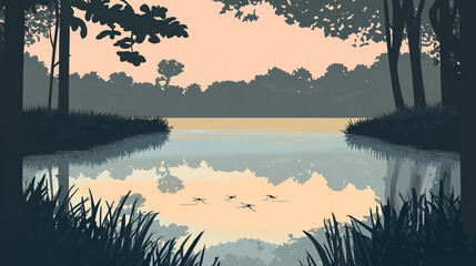 Sunlit Forest Lake with Trees and Natural Beauty
