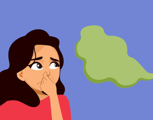 Young Hispanic woman covering her nose due to a foul green odor cloud cartoon vector illustration. Clip art for hygiene topics, environmental warnings and humor designs