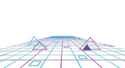 Retro wave grid perspective with geometric shapes evoking a nostalgic atmosphere