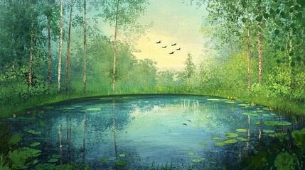 Sunlit Forest Lake with Trees and Natural Beauty