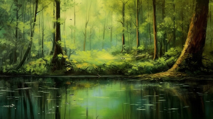 Sunlit Forest Lake with Trees and Natural Beauty