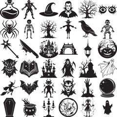 Halloween Silhouette Vector Set — Witch, Bats, Pumpkins & Haunted Elements
 