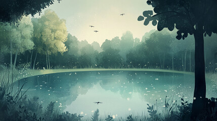Sunlit Forest Lake with Trees and Natural Beauty