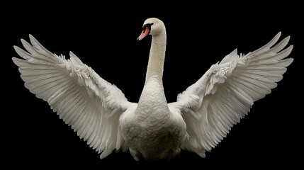 Fototapeta premium Majestic swan, wings fully spread, feathers detailed against stark black background