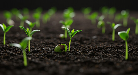 Close up shot of young seedlings sprouting from dark soil in a garden or agricultural setting showing growth