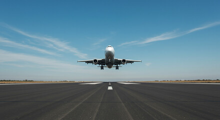 A commercial airplane is taking off from the runway with a clear blue sky and some clouds above it all
