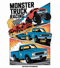 This dynamic illustration showcases thrilling monster truck racing scenes with colorful trucks, capturing the excitement of speed and competition in a vivid style.