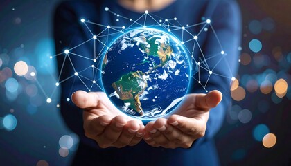Hands holding a digital Earth with network connections