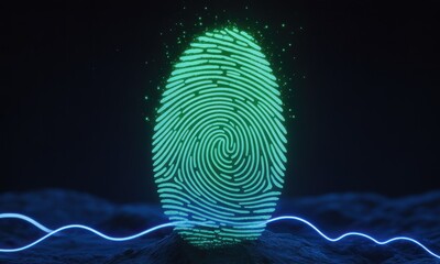 Glowing green fingerprint rises over dark terrain, with blue waveform light