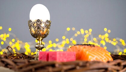A delicate golden chalice holds a pristine white egg, nestled amidst a bed of twigs, alongside a slice of salmon and a pink confection.