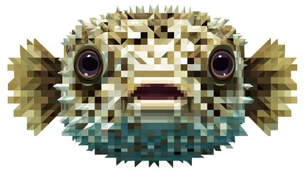 Pixelated Pufferfish Close-up of a spiky, inflated fish with large eyes and open mouth