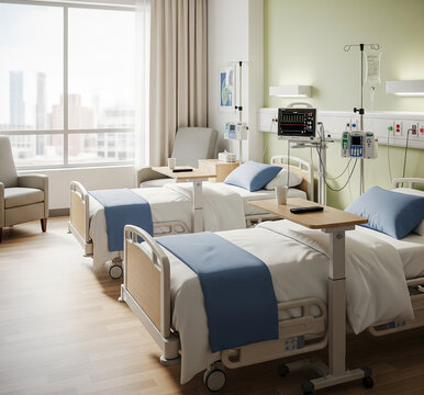 Modern Hospital Room with Two Beds and City View
